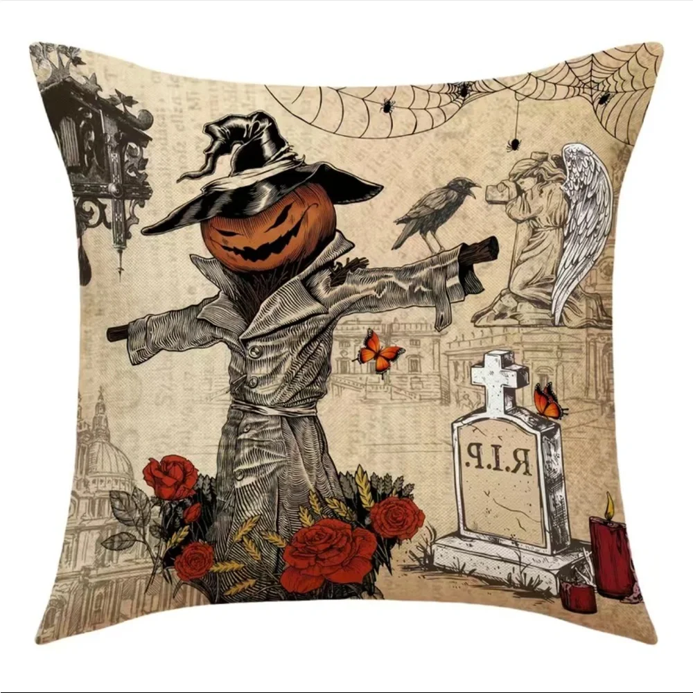 4pcs Vintage Halloween Throw Pillow Covers For Black Cat/Crow/Pumpkin/Skull Thro